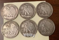 Lot(6)-1934-1940-$3-FACE VALUE-90% SILVER USA COINS-WALKING LIBERTY HALF DOLLARS