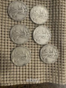 Lot 6 Walking Liberty Half Dollars 1935-1947. 90% Silver