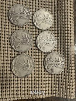 Lot 6 Walking Liberty Half Dollars 1935-1947. 90% Silver