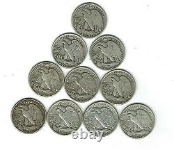 Lot Of 10-U. S. 90% Silver Walking liberty Half Dollars All Different