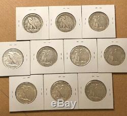 Lot Of (10) Walking Liberty Silver Half Dollars. Half Roll Higher Grade Coins
