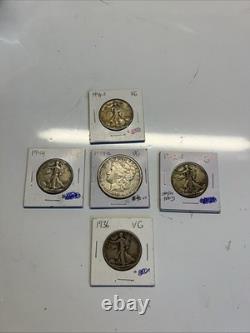 Lot Of 1 1889 O Morgan Dollar Plus 4 Walking Liberty Half Dollar 90% Silver