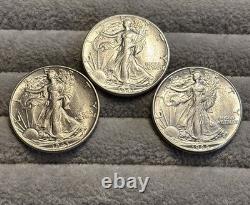 Lot Of 3 Silver BU Liberty Walking Half $ 1941,43,44 Lustrous