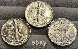 Lot Of 3 Silver BU Liberty Walking Half $ 1941,43,44 Lustrous