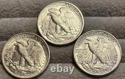 Lot Of 3 Silver BU Liberty Walking Half $ 1941,43,44 Lustrous
