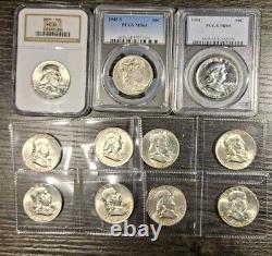 Lot of 10 Half Dollars (1945 Walking Liberty MS64, 1954 Franklin PR65, PCGS NGC)
