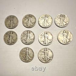 Lot of 10 Liberty Walking Half Dollar 50C Silver 0.9 Fine. Random mints