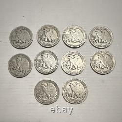 Lot of 10 Liberty Walking Half Dollar 50C Silver 0.9 Fine. Random mints