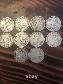 Lot of 10 Walking Liberty Half Dollar 1916-1947 90% Silver