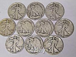 Lot of 10 Walking Liberty Silver Half Dollars 90% Silver 1940s Dated Coins