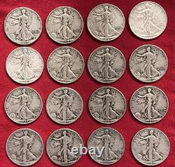 Lot of 16 Walking Liberty Silver Half Dollars 1942,1943,1944,1945, 90% Silver