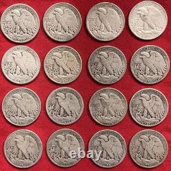 Lot of 16 Walking Liberty Silver Half Dollars 1942,1943,1944,1945, 90% Silver