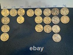 Lot of 20 Liberty Walking Half Dollar coins, 90% Silver Mixed 1937-1946