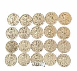 Lot of 20 Liberty Walking Half Dollar coins, 90% Silver Mixed dates 1942-47