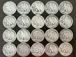 Lot of 20 Walking Liberty Half Dollars 1917-1936 Various Mints 90% Silver
