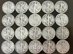 Lot of 20 Walking Liberty Half Dollars 1917-1936 Various Mints 90% Silver
