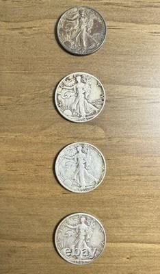 Lot of 4 Walking Liberty Half Dollars 90% Silver Coins 1936 1941 1942 Circulat