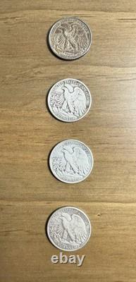 Lot of 4 Walking Liberty Half Dollars 90% Silver Coins 1936 1941 1942 Circulat