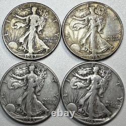 Lot of 4 walking liberty half dollars, 1942p, 1943s, 1944p, 1945p 90% Silver