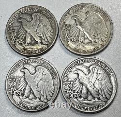 Lot of 4 walking liberty half dollars, 1942p, 1943s, 1944p, 1945p 90% Silver