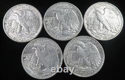 Lot of 5 AU Walking Liberty Half Dollars. 4-43P, 1-44P? Lot#452
