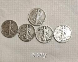Lot of 5 VG 1943 Walking Liberty Half Dollars 90% Silver WW2 Era Dates