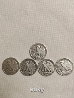 Lot of 5 VG 1943 Walking Liberty Half Dollars 90% Silver WW2 Era Dates