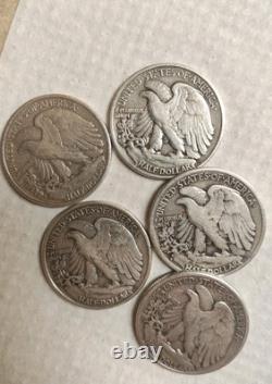 Lot of 5 VG 1943 Walking Liberty Half Dollars 90% Silver WW2 Era Dates