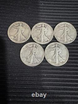 Lot of 5 Walking Liberty Half Dollar, 90% Silver, 1920,1941,1943,1945,1947