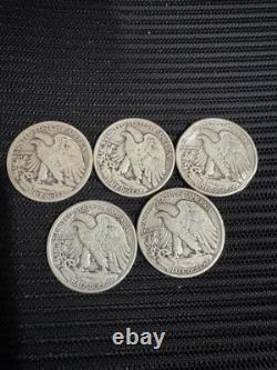 Lot of 5 Walking Liberty Half Dollar, 90% Silver, 1920,1941,1943,1945,1947