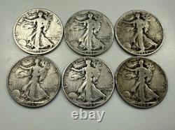 Lot of 6 Walking Liberty Half Dollars 90% Silver Pre-1964 Six Coin Lot