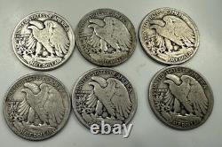 Lot of 6 Walking Liberty Half Dollars 90% Silver Pre-1964 Six Coin Lot
