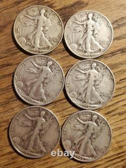 Lot of 6 Walking Liberty Half Dollars VG-Fine Condition 90% Silver