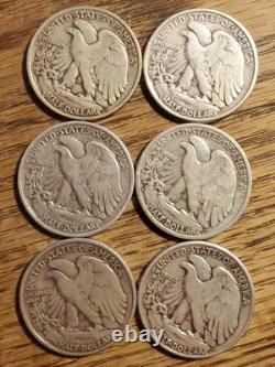 Lot of 6 Walking Liberty Half Dollars VG-Fine Condition 90% Silver