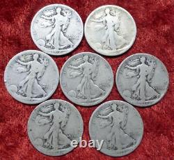 Lot of 7 1918 S Liberty Walking Silver Half Dollars, 7 Silver 50-Cent Coins