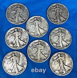 Lot of 8 United States Walking Liberty Silver Half Dollars 1936 1946