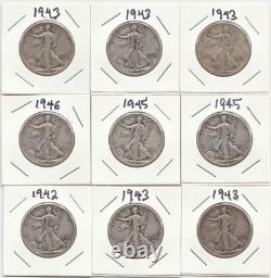 Lot of 9 SILVER 1940's Walking Liberty Half Dollars No Mint Mark 90% SILVER