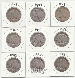Lot of 9 SILVER 1940's Walking Liberty Half Dollars No Mint Mark 90% SILVER