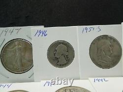 MIXED LOT 10 Walking Liberty + Franklin Half Dollars +10 Quqters All 90% Silver
