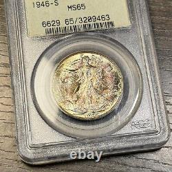 MS65 1946-S Walking Liberty Silver Half Dollar, PCGS Green Label, Lustrous Toned