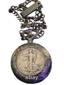 NEW? Silver Walking Liberty Half Dollar Coin Pocket Watch Silver Tone BEAUT