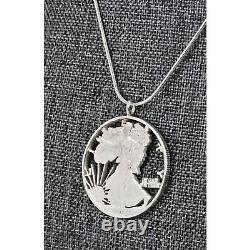 NEW Silver Walking Liberty Half Dollar Hand Cut Coin Sterling Silver Necklace