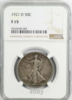 NGC F15 1921-D Walking Liberty Silver Half Dollar 50C TOUGH