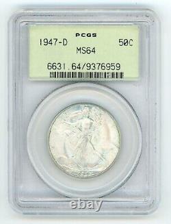 PCGS 1947 D MS64 Walking Liberty Silver Half Dollar Green Label