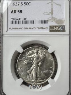 Pre WWII NGC AU-58 Cert? 1937-S Walking Liberty SILVER Half Dollar Almost Unc
