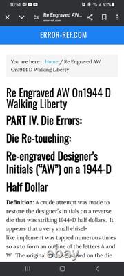 RARE ERRORAW Engraved by hand 1944 D Silver Half Dollar USA Walking Liberty