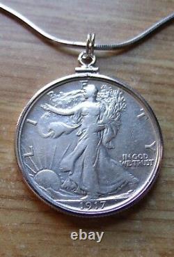 Rare 1917 S Reverse Silver Walking Liberty Pendant 18 Italy. 925 Silver Chain