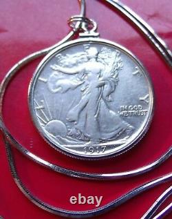 Rare 1917 S Reverse Silver Walking Liberty Pendant 18 Italy. 925 Silver Chain