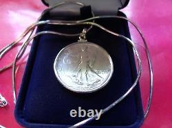 Rare 1917 S Reverse Silver Walking Liberty Pendant 18 Italy. 925 Silver Chain