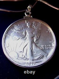 Rare 1917 S Reverse Silver Walking Liberty Pendant 18 Italy. 925 Silver Chain